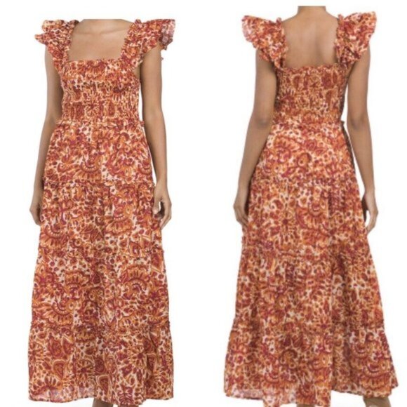 HOUSE OF HARLOW Zoey Smocked Ruffle Tiered Maxi Dress XS Orange Red - Picture 1 of 4